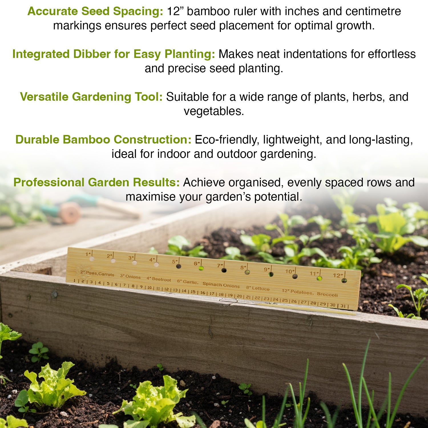 Woodside Bamboo Seed Planting Ruler – 12” Garden Tool with Dibber for Sowing Herbs & Veg