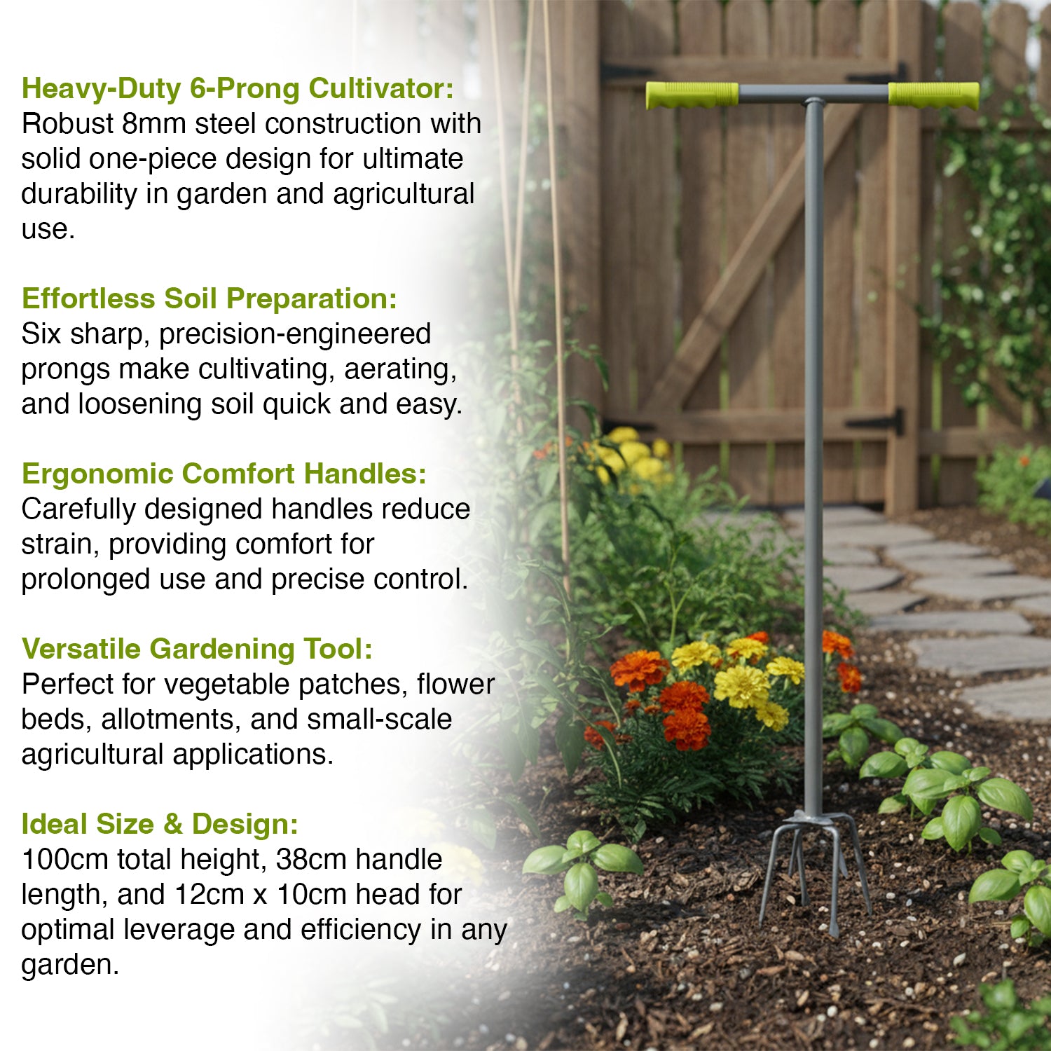 Woodside 6-Prong Garden Cultivator – Heavy Duty Soil Aerator & Cultivating Tool, 100cm