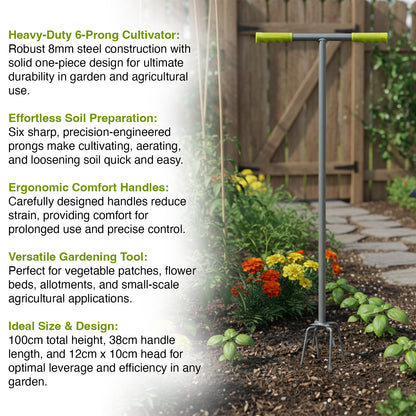 Woodside 6-Prong Garden Cultivator – Heavy Duty Soil Aerator & Cultivating Tool, 100cm