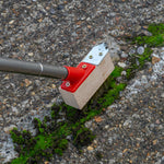 Moss removal tool with a red handle and beige brush head cleaning moss from concrete.