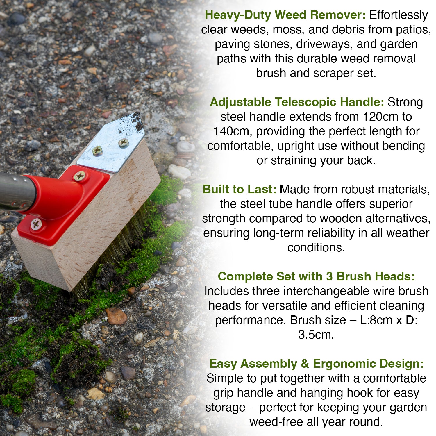Heavy-duty weed remover with adjustable telescopic handle and brush heads on a textured surface.