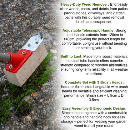 Heavy-duty weed remover with adjustable telescopic handle and brush heads on a textured surface.