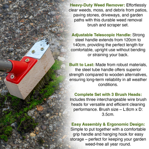 Heavy-duty weed remover with adjustable telescopic handle and brush heads on a textured surface.