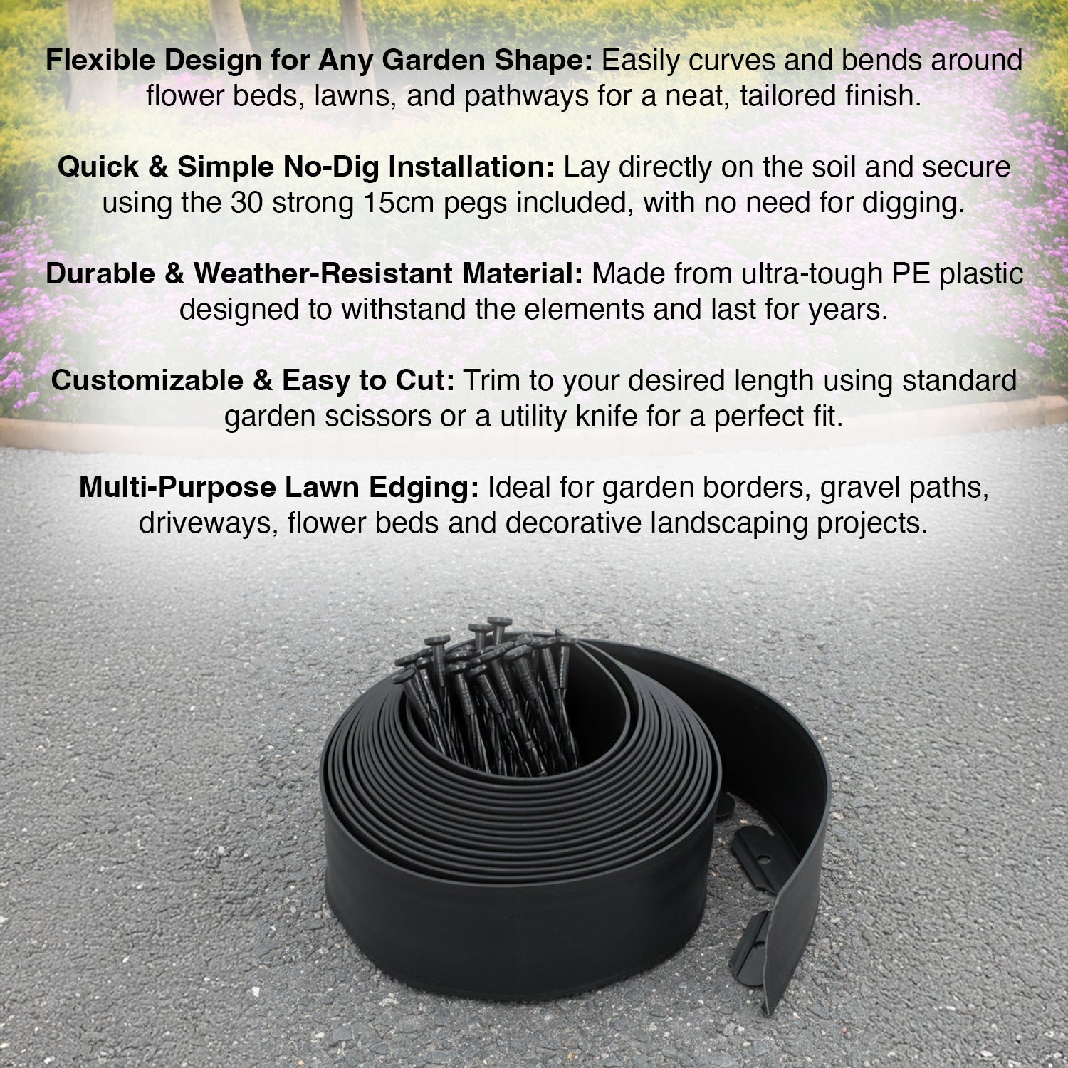 Woodside Garden Lawn Border Edging Flexible 10m x 10cm Black Plastic Path Edge with Pegs