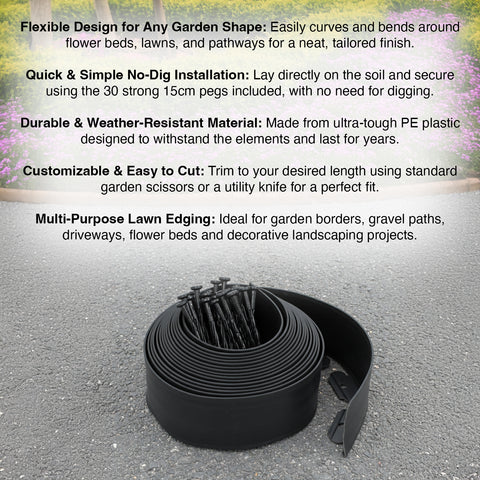 Woodside Garden Lawn Border Edging Flexible 10m x 10cm Black Plastic Path Edge with Pegs
