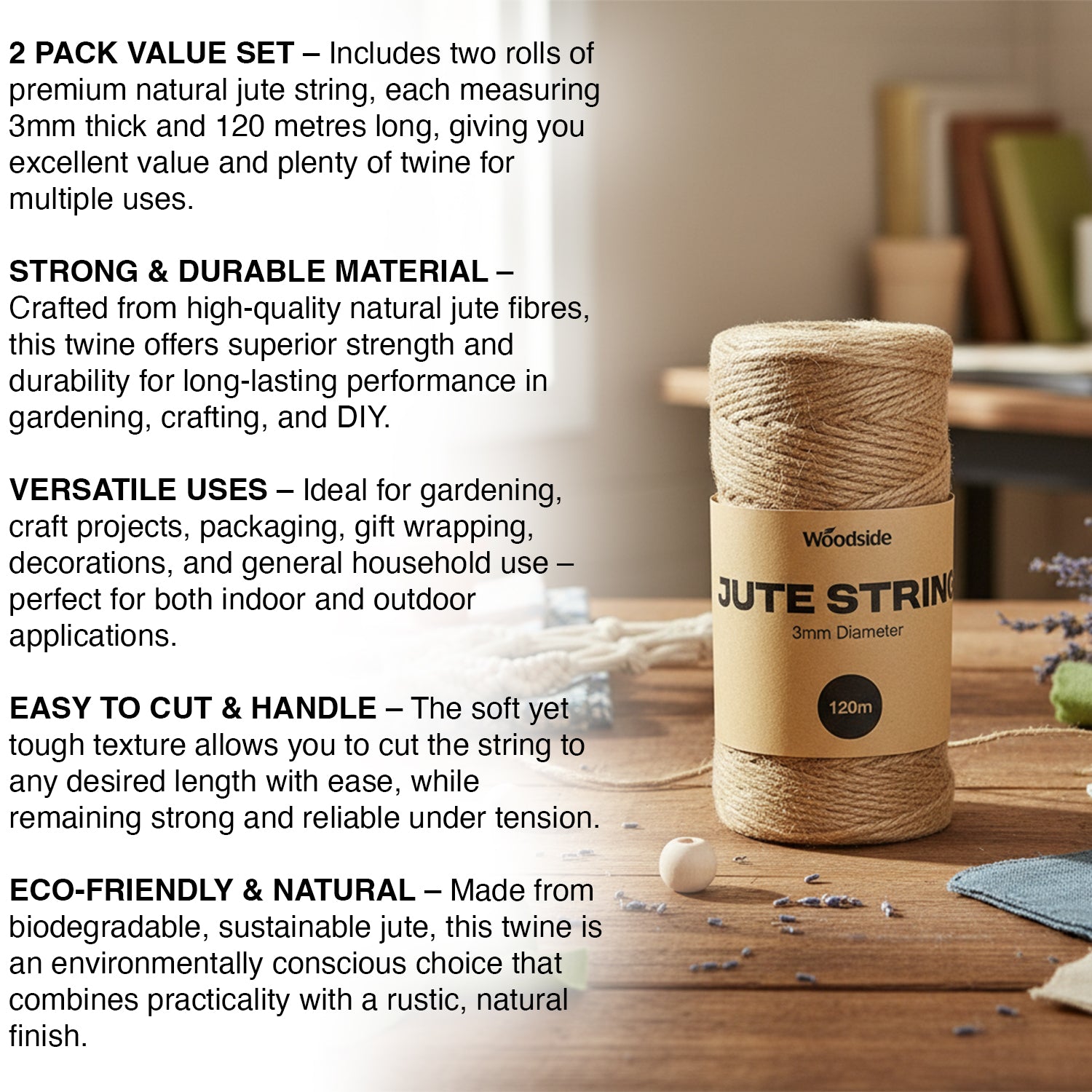 Woodside Garden Twine Jute String Natural & Strong for Crafts & DIY 3mm x 120m 2 PACK