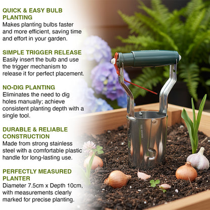 Woodside Bulb Planter Garden Tool Quick & Easy Stainless Steel Planting, Trigger Release