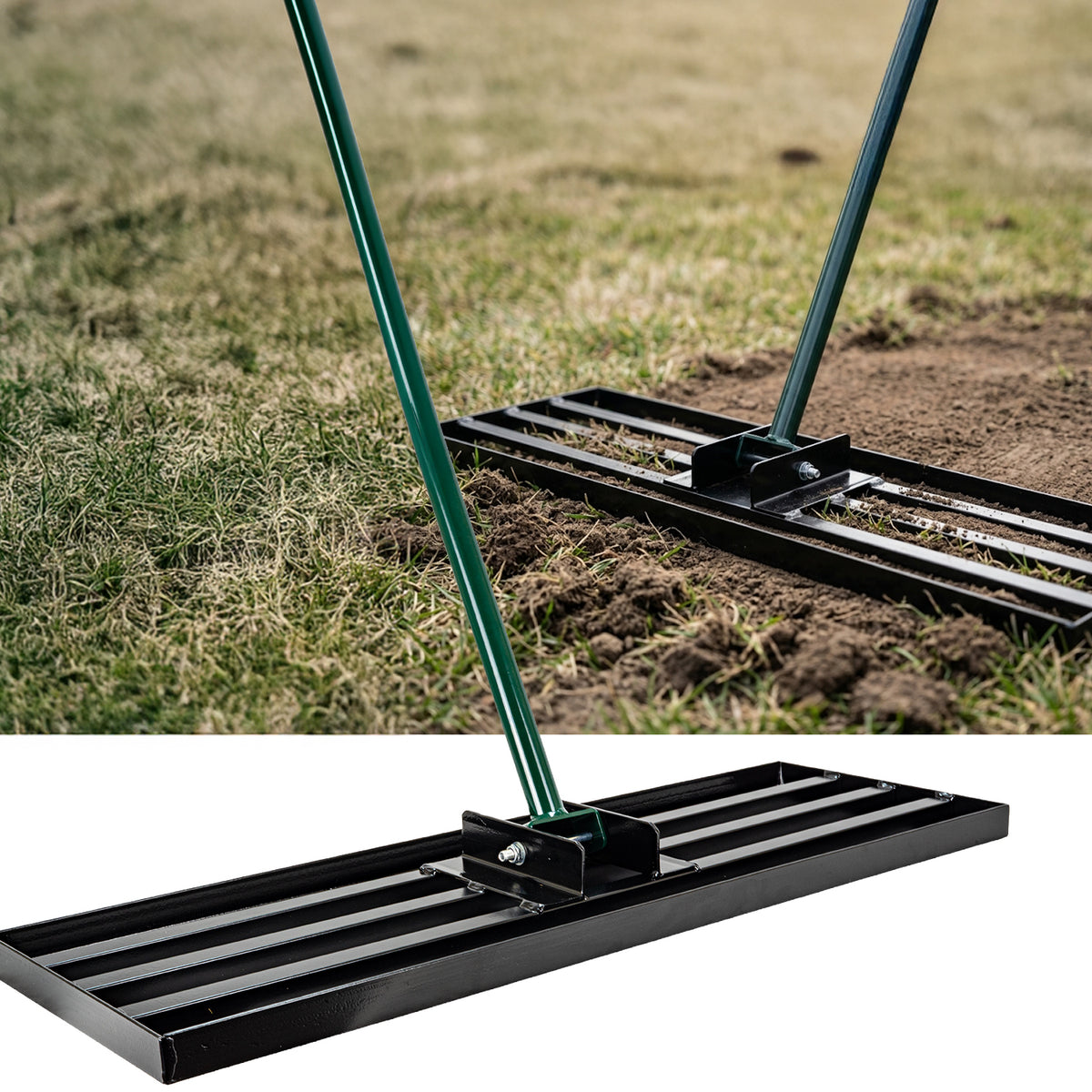 Woodside Heavy Duty Steel Lawn Levelling Rake – 213cm Handle, Solid Steel Head, Lawn Leveller for Soil, Sand & Top Dressing