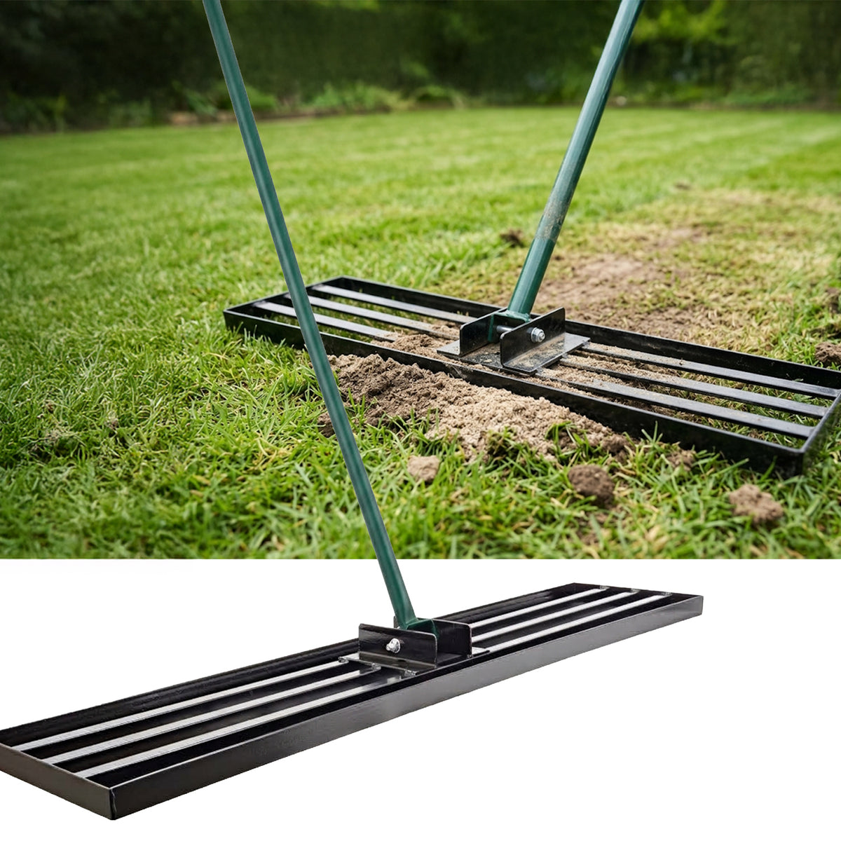 Woodside Heavy Duty Steel Lawn Levelling Rake – 213cm Handle, Solid Steel Head, Lawn Leveller for Soil, Sand & Top Dressing