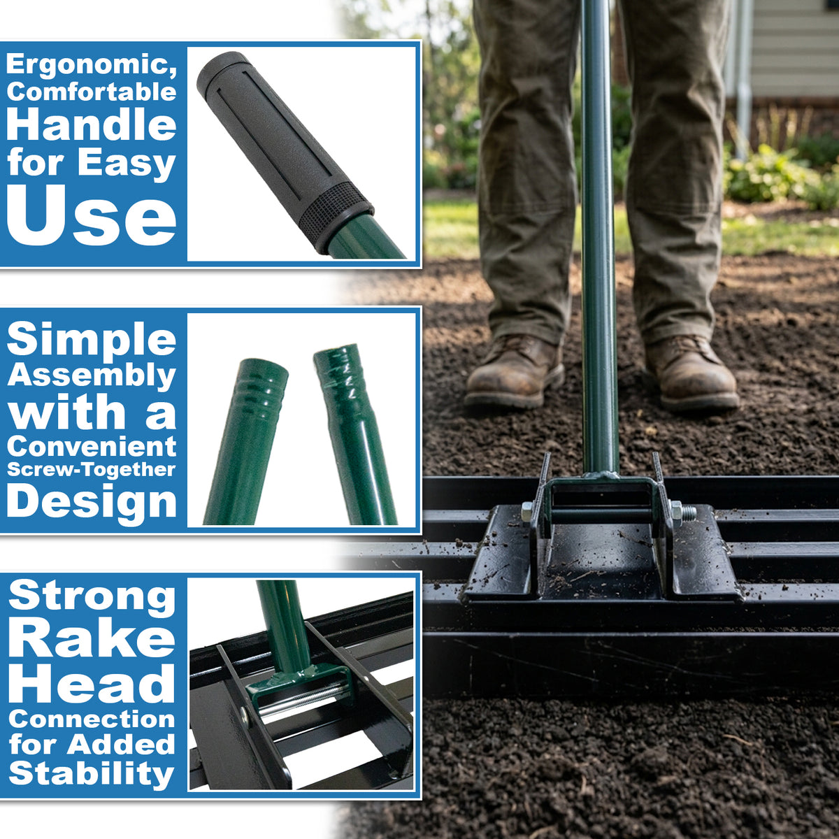 Woodside Heavy Duty Steel Lawn Levelling Rake – 213cm Handle, Solid Steel Head, Lawn Leveller for Soil, Sand & Top Dressing