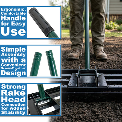 Woodside Heavy Duty Steel Lawn Levelling Rake – 213cm Handle, Solid Steel Head, Lawn Leveller for Soil, Sand & Top Dressing