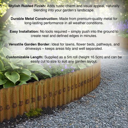 Woodside Metal Garden Border Edging 5m x 16.5cm Decorative Rusted Finish for Lawn/Pathways