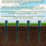 A dark green steel fence post holder with a pointed end for driving into the ground and a square cup at the top with two holes for securing a fence post. The holder is shown vertically against a white background.