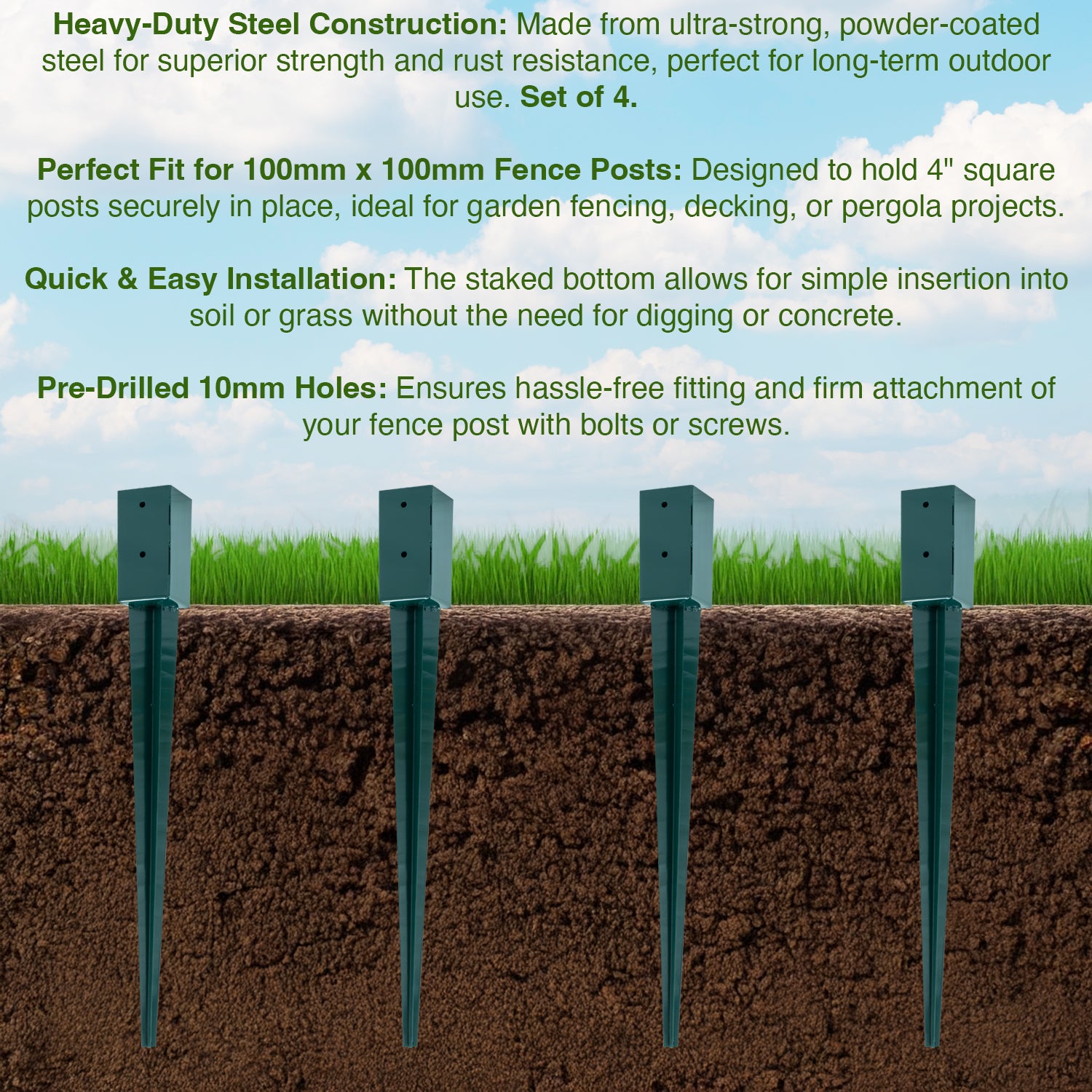 A dark green steel fence post holder with a pointed end for driving into the ground and a square cup at the top with two holes for securing a fence post. The holder is shown vertically against a white background.