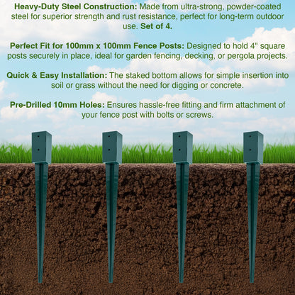 A dark green steel fence post holder with a pointed end for driving into the ground and a square cup at the top with two holes for securing a fence post. The holder is shown vertically against a white background.