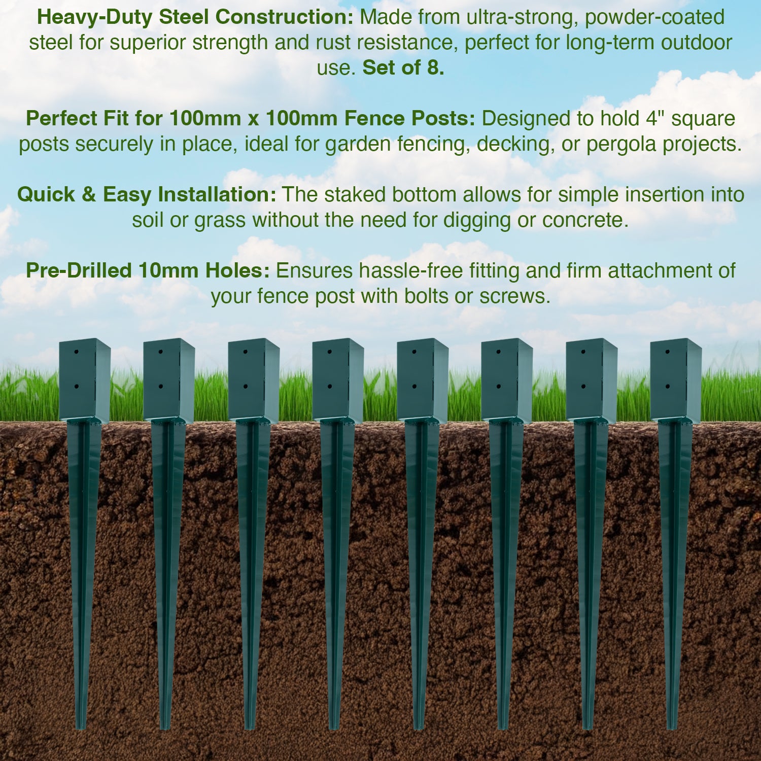 Woodside Steel Fence Post Holders Heavy Duty Ground Stakes – 100mm/4” Square Pack of 8