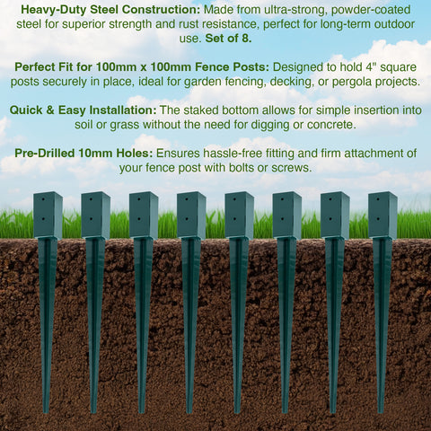 Woodside Steel Fence Post Holders Heavy Duty Ground Stakes – 100mm/4” Square Pack of 8