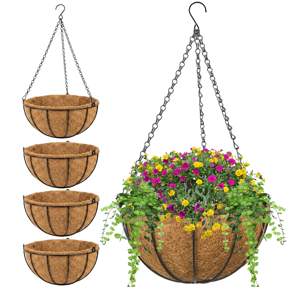 Woodside 30cm Hanging Basket with Coco Liner – 4 Pack Durable Powder Coated Steel Garden Flower Planters