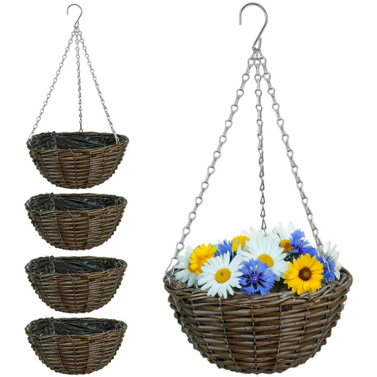 Woodside 4 Pack Wicker Hanging Baskets with Plastic Liners – 30cm Durable Garden Hanging Planters