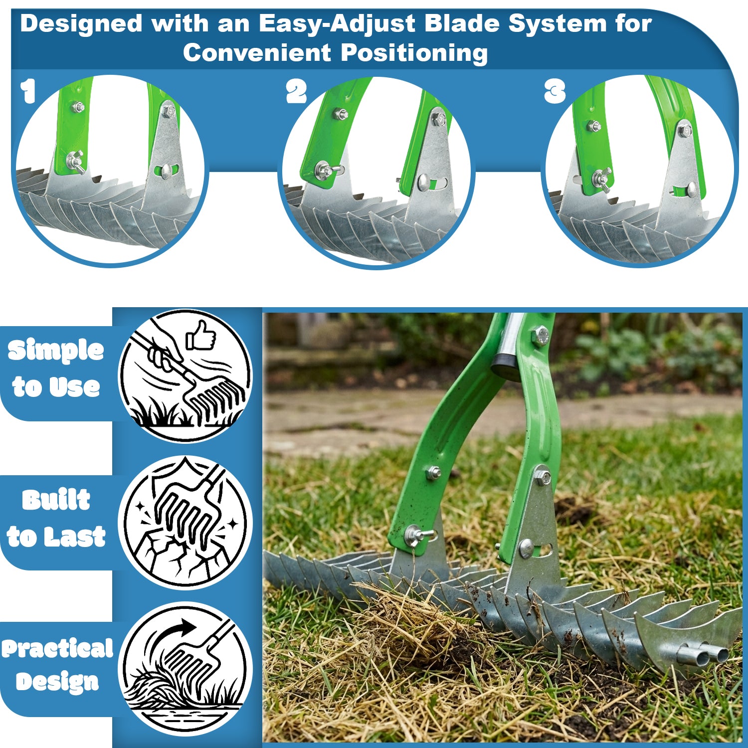 Woodside Heavy Duty Lawn Thatching Rake | Adjustable 19 Blade Moss & Thatch Removal Rake
