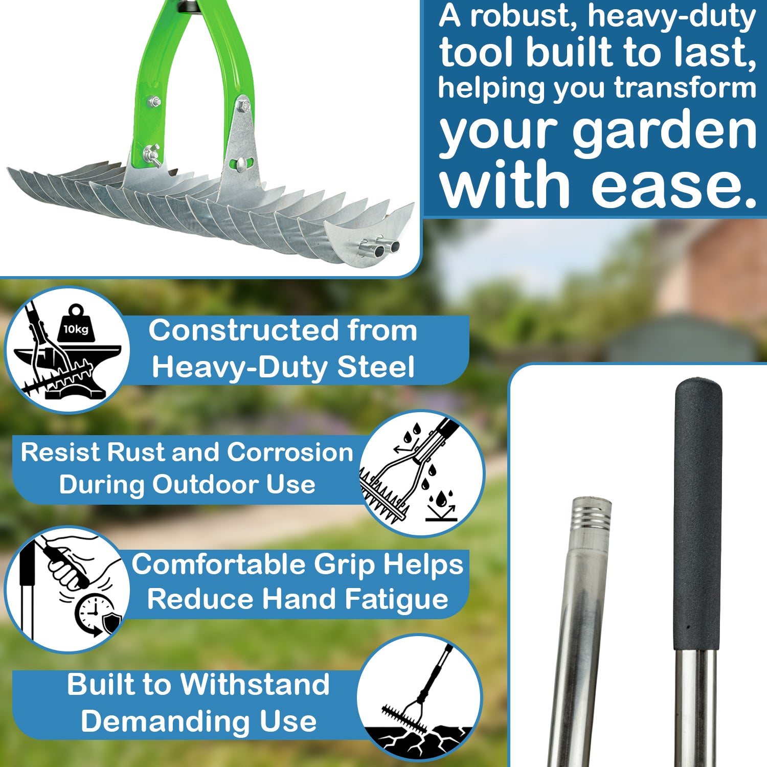 Woodside Heavy Duty Lawn Thatching Rake | Adjustable 19 Blade Moss & Thatch Removal Rake