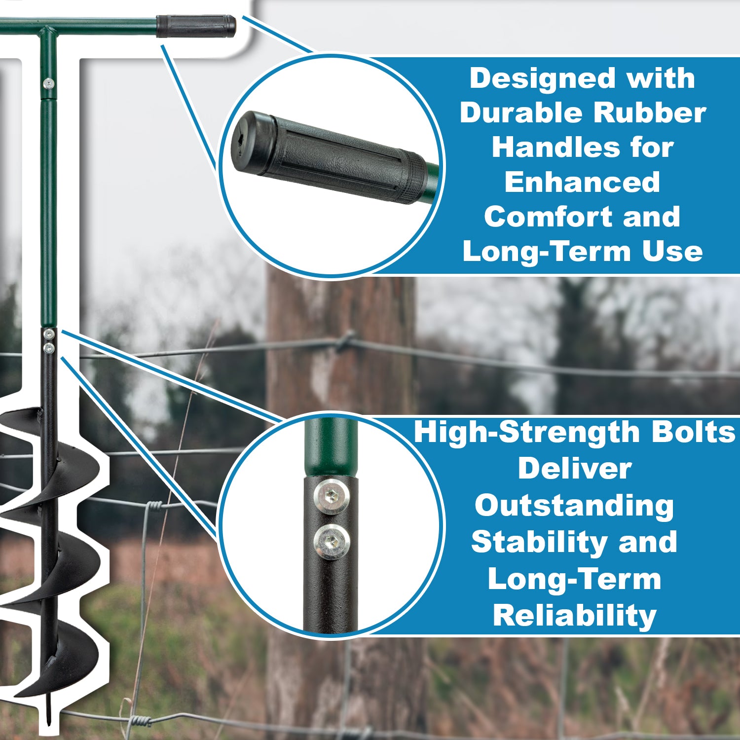 Woodside Heavy Duty Manual Post Hole Digger Fence Post Auger | Steel Ground Drill with Comfortable Rubber Handles