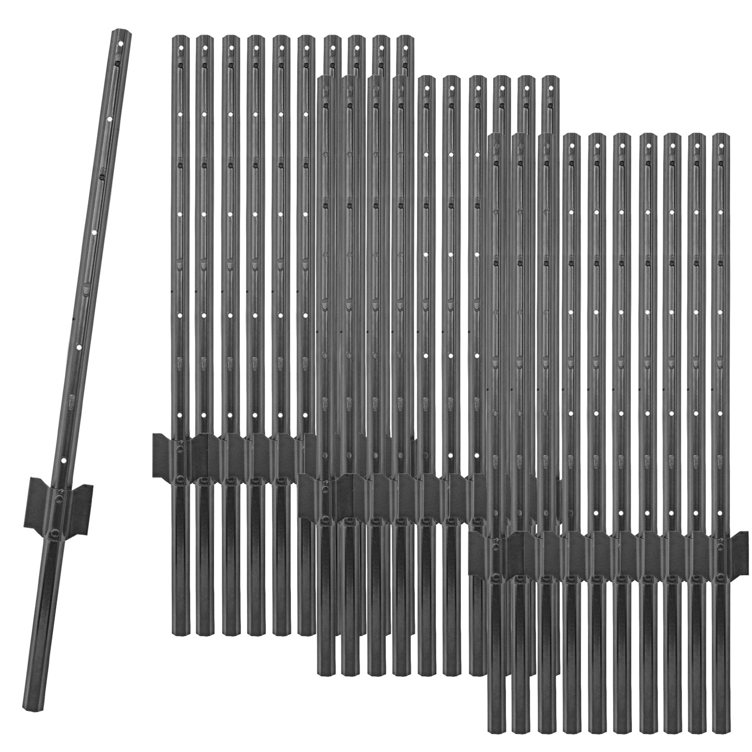 Woodside 30 Pack 3ft Metal Fence Posts | Heavy Duty Black Steel Fence Stakes with Hooks