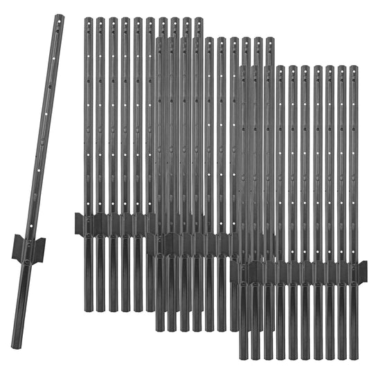 Woodside 30 Pack 3ft Metal Fence Posts | Heavy Duty Black Steel Fence Stakes with Hooks