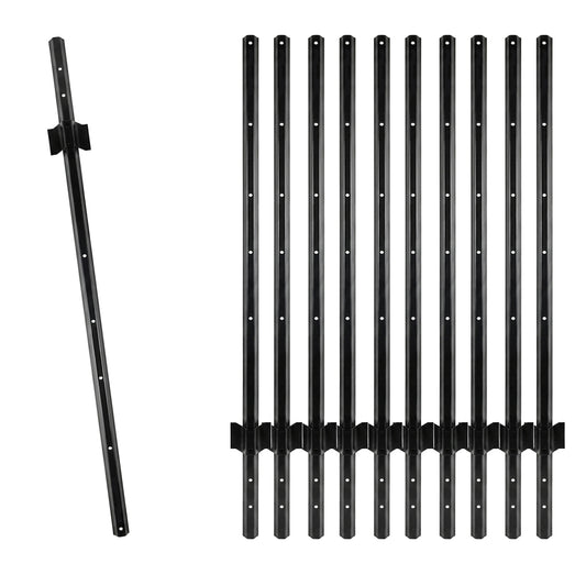 Woodside 10 Pack 4ft Metal Fence Posts | Heavy Duty Black Steel Fence Stakes with Hooks