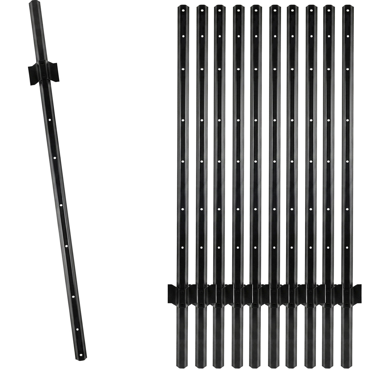 Woodside 10 Pack 4ft Metal Fence Posts | Heavy Duty Black Steel Fence Stakes with Hooks