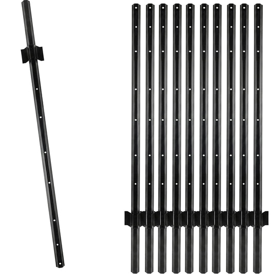 Woodside 10 Pack 4ft Metal Fence Posts | Heavy Duty Black Steel Fence Stakes with Hooks