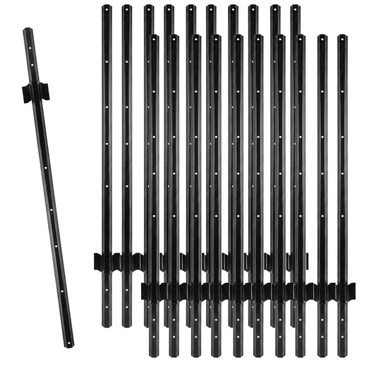 Woodside 20 Pack 4ft Metal Fence Posts | Heavy Duty Black Steel Fence Stakes with Hooks