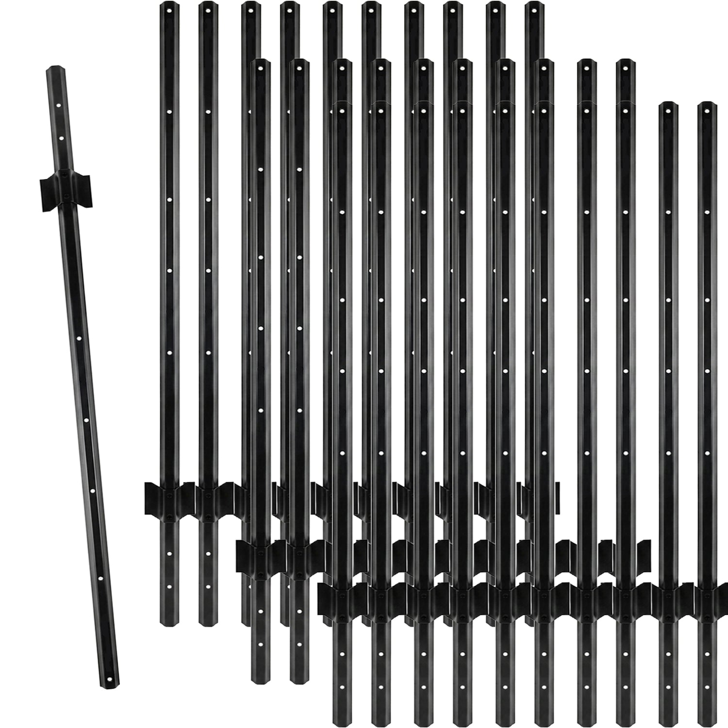 Woodside 30 Pack 4ft Metal Fence Posts | Heavy Duty Black Steel Fence Stakes with Hooks