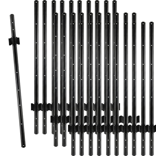 Woodside 30 Pack 4ft Metal Fence Posts | Heavy Duty Black Steel Fence Stakes with Hooks