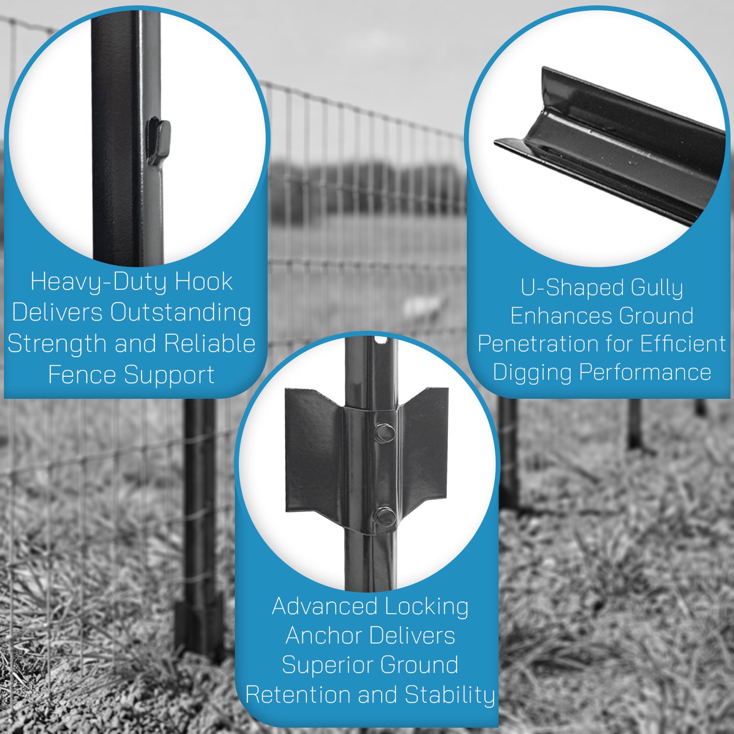Woodside 10 Pack 5ft Metal Fence Posts | Heavy Duty Black Steel Fence Stakes with Hooks