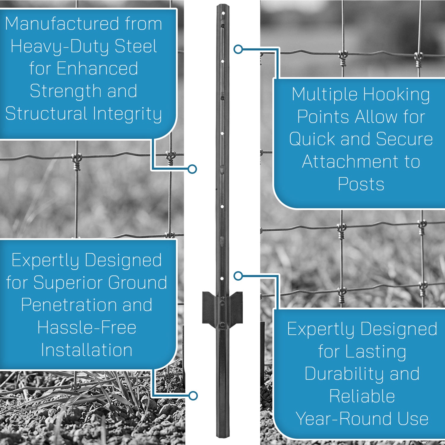 Woodside 10 Pack 5ft Metal Fence Posts | Heavy Duty Black Steel Fence Stakes with Hooks