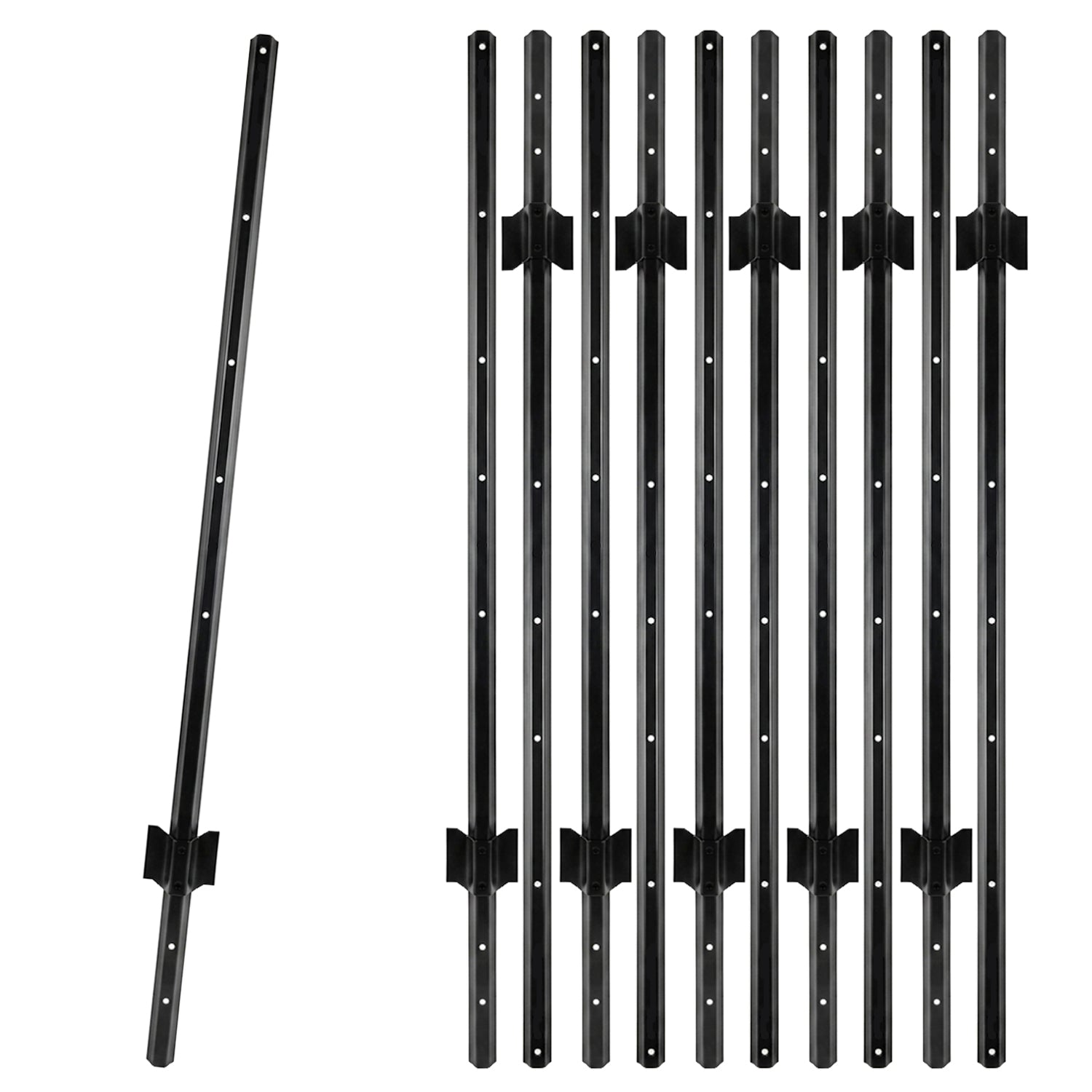 Woodside 10 Pack 5ft Metal Fence Posts | Heavy Duty Black Steel Fence Stakes with Hooks