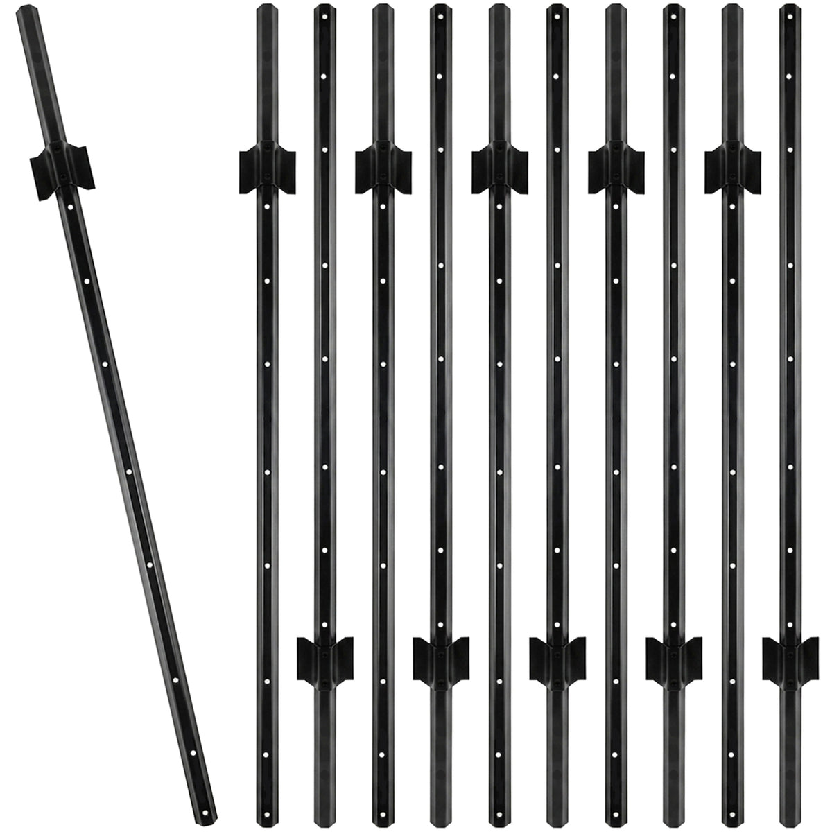 Woodside 10 Pack 5ft Metal Fence Posts | Heavy Duty Black Steel Fence Stakes with Hooks