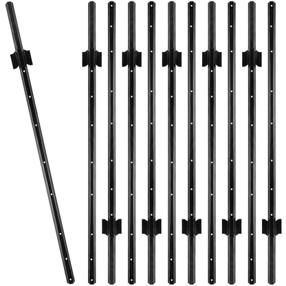 Woodside 10 Pack 5ft Metal Fence Posts | Heavy Duty Black Steel Fence Stakes with Hooks