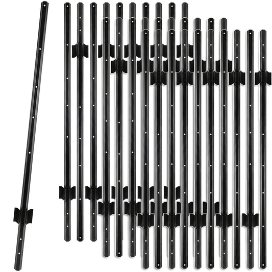 Woodside 30 Pack 5ft Metal Fence Posts | Heavy Duty Black Steel Fence Stakes with Hooks