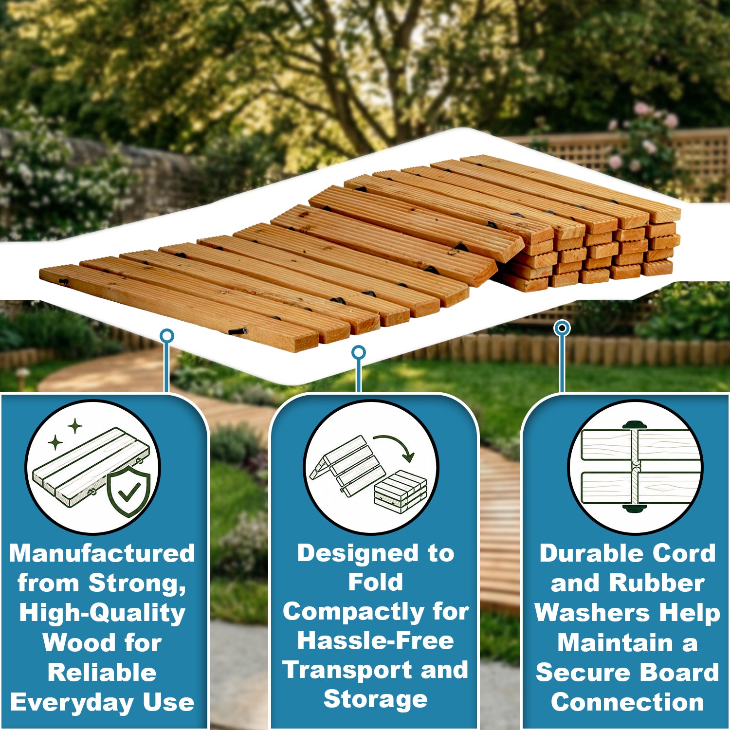 Woodside 6ft Curved Roll Out Garden Walkway – Flexible Fir Wood Pathway for Lawns & Borders 4 PACK