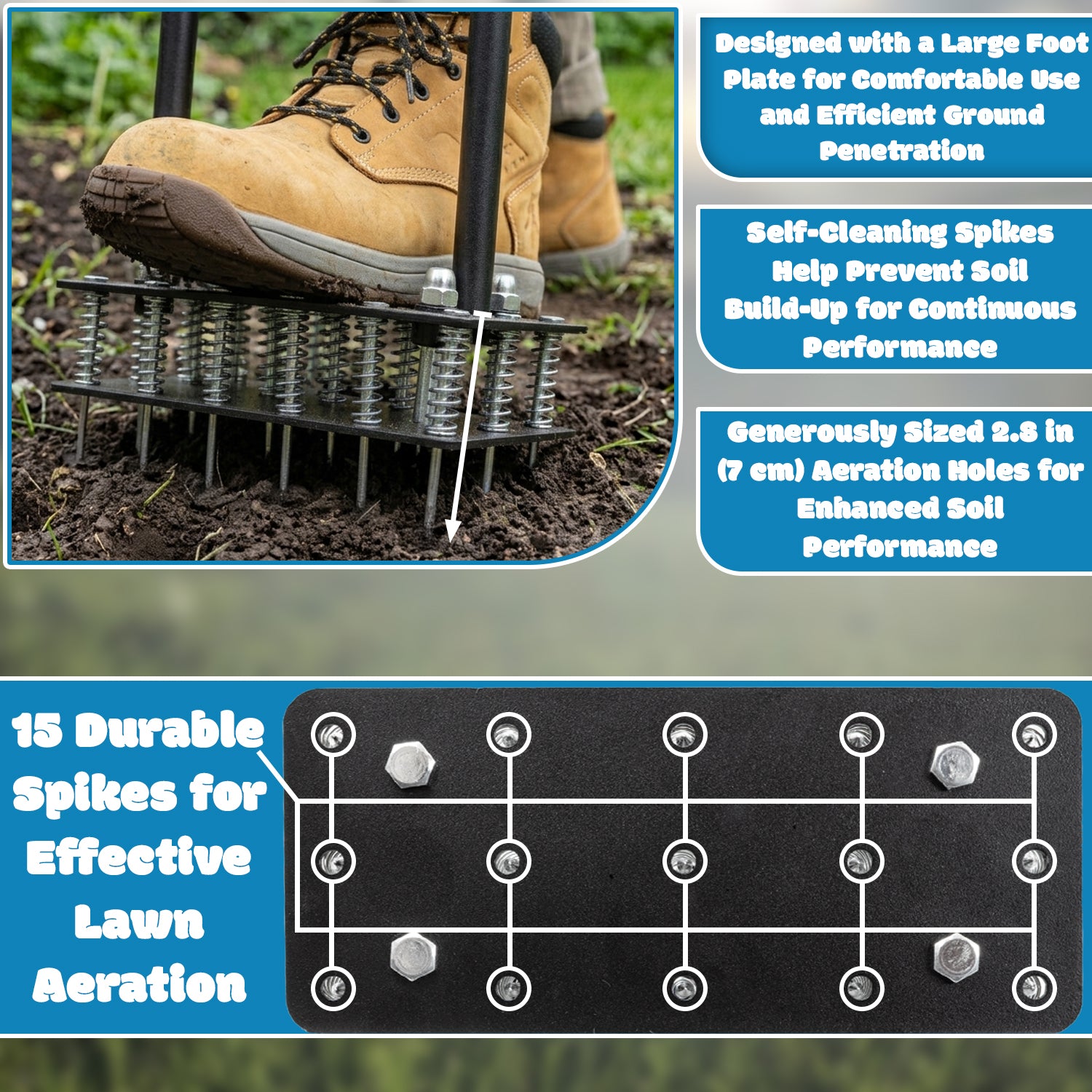Woodside Heavy Duty Lawn Aerator with 15 Iron Spikes | Adjustable Manual Garden Lawn Spike Aerator