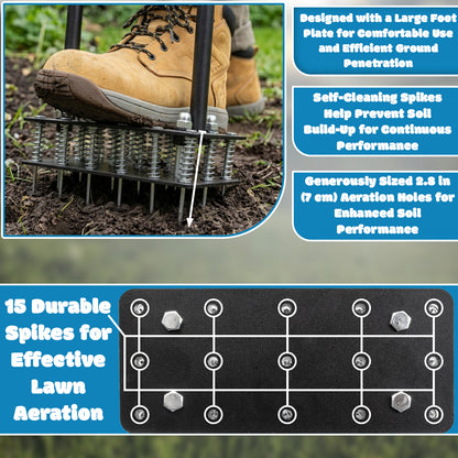 Woodside Heavy Duty Lawn Aerator with 15 Iron Spikes | Adjustable Manual Garden Lawn Spike Aerator
