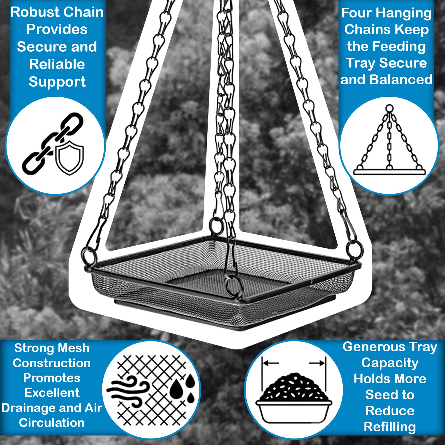 Woodside 4 Pack Square Hanging Bird Feeding Trays | Heavy Duty Mesh Wild Bird Feeders with Quad Chains