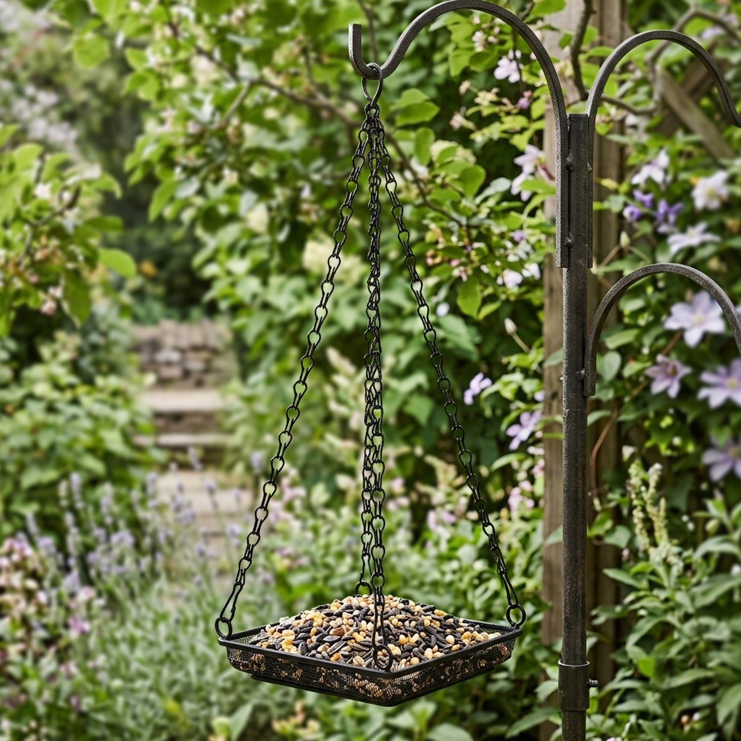 Woodside 2 Pack Square Hanging Bird Feeding Trays | Heavy Duty Mesh Wild Bird Feeders with Quad Chains