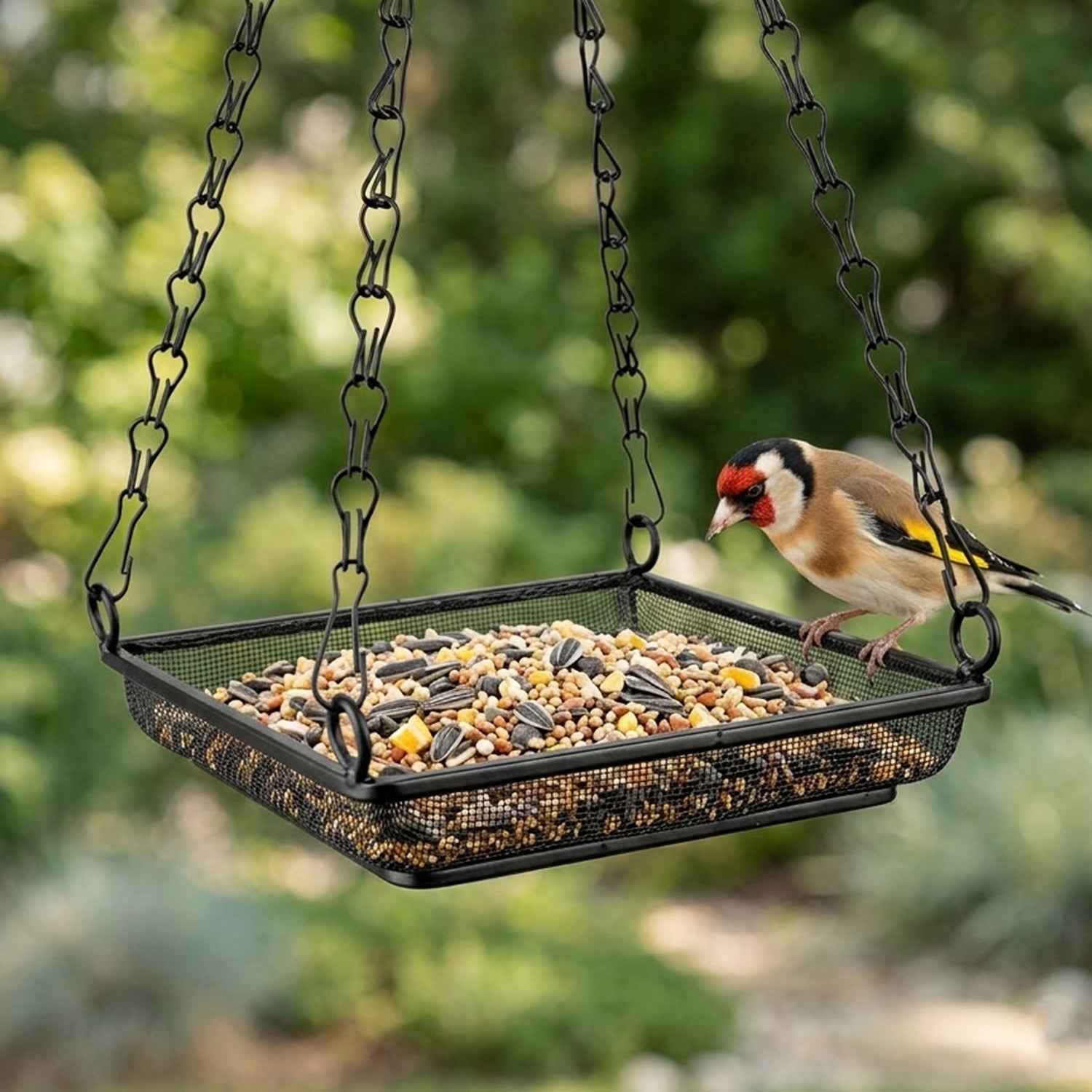 Woodside 4 Pack Square Hanging Bird Feeding Trays | Heavy Duty Mesh Wild Bird Feeders with Quad Chains
