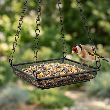 Woodside 4 Pack Square Hanging Bird Feeding Trays | Heavy Duty Mesh Wild Bird Feeders with Quad Chains