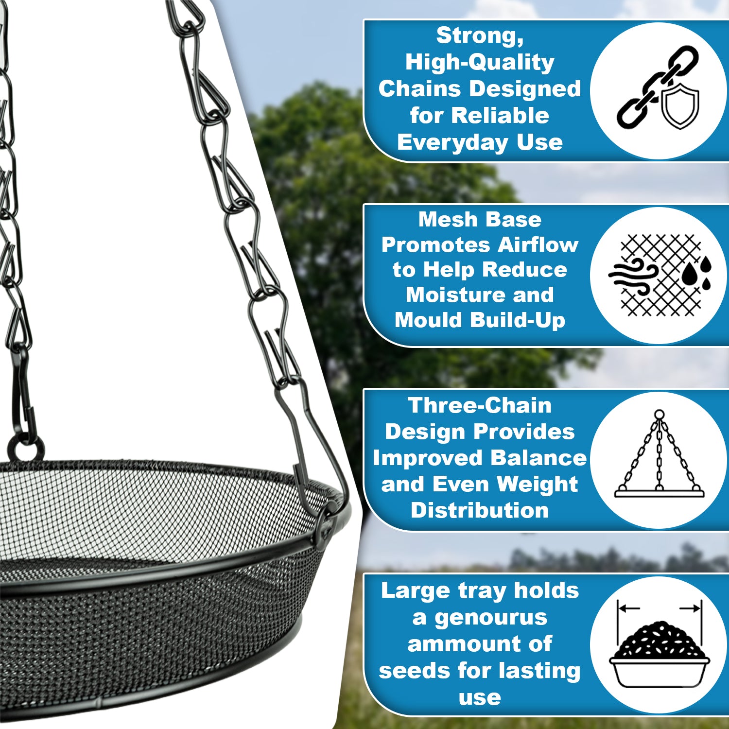 Woodside 2 Pack Round Hanging Bird Feeding Trays | Heavy Duty Mesh Wild Bird Feeders with Triple Chains