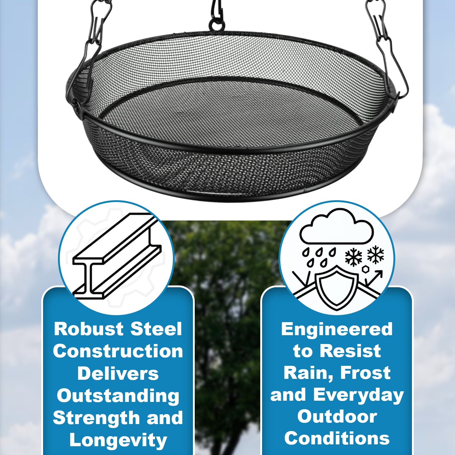 Woodside 2 Pack Round Hanging Bird Feeding Trays | Heavy Duty Mesh Wild Bird Feeders with Triple Chains