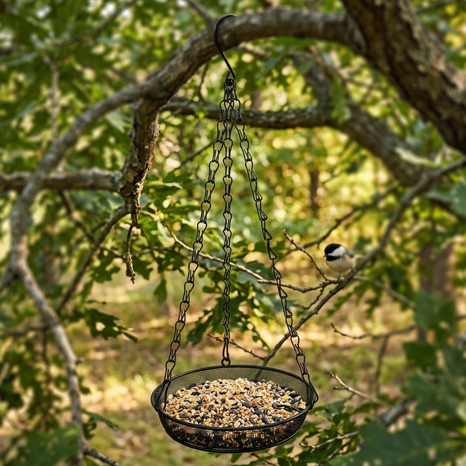 Woodside 4 Pack Round Hanging Bird Feeding Trays | Heavy Duty Mesh Wild Bird Feeders with Triple Chains